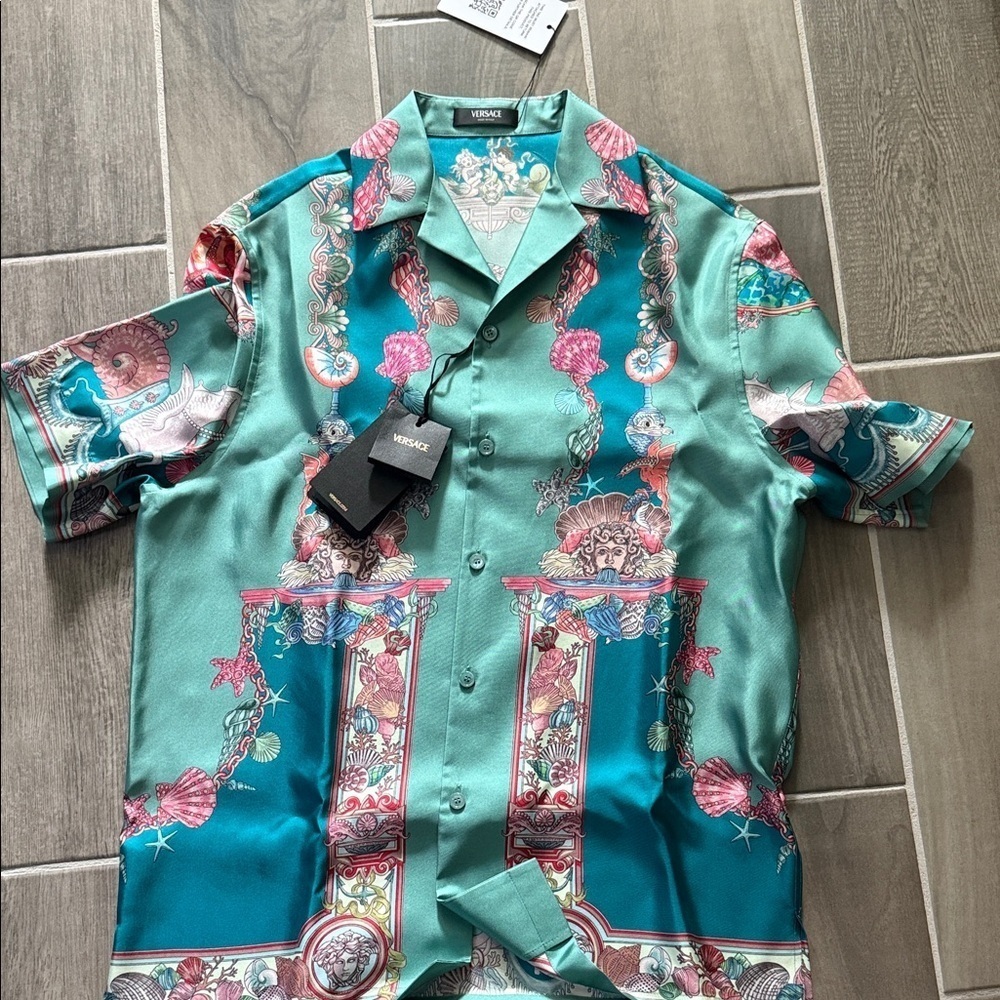 Versace Men's Teal and Pink Baroque Print Shirt
